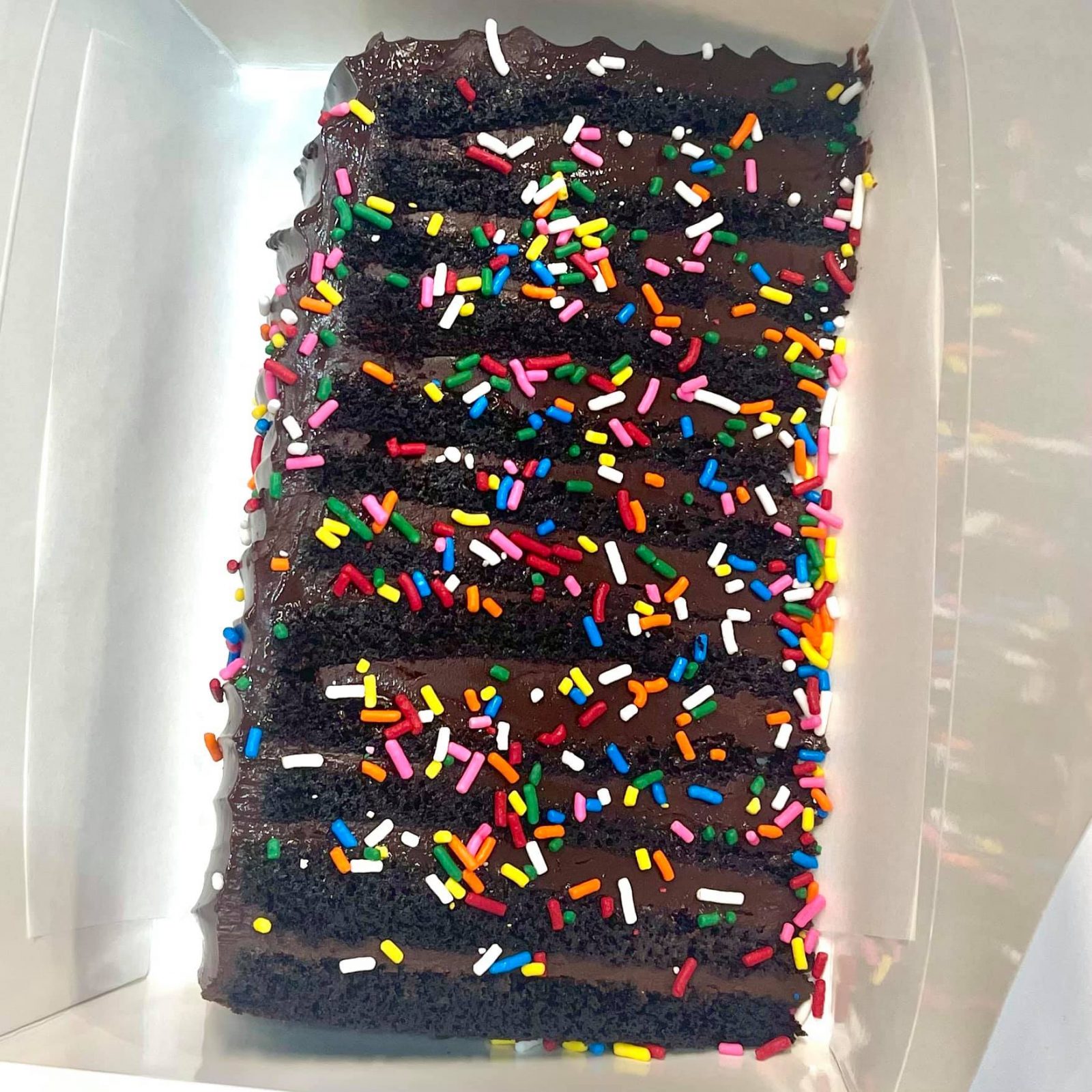 chocolate cake covered in sprinkles