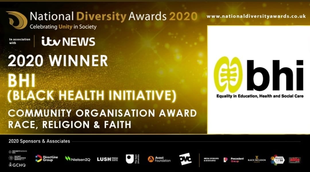 text on a screen reading BHI are winners of the National Diversity Awards 2020
