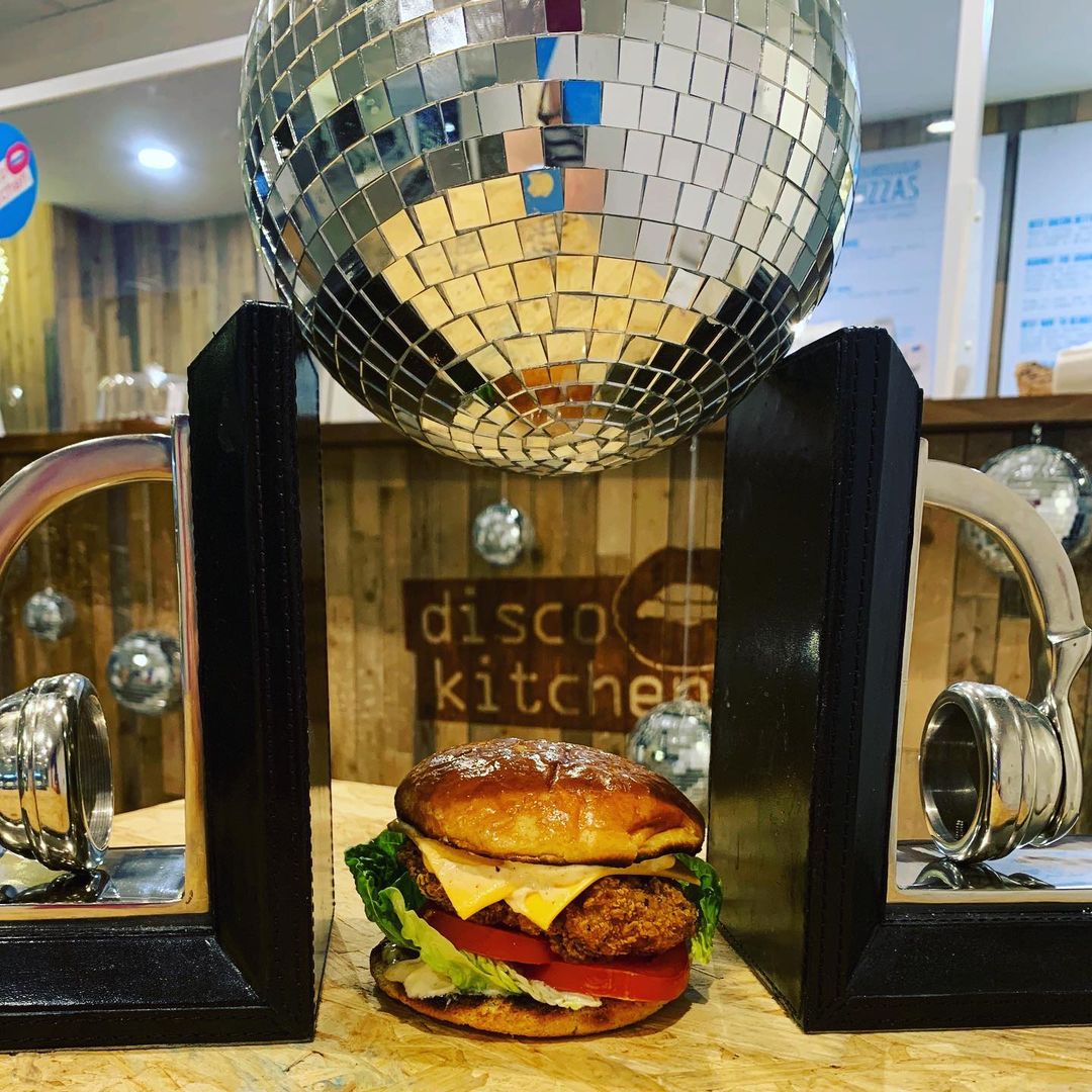 burger above a disco ball