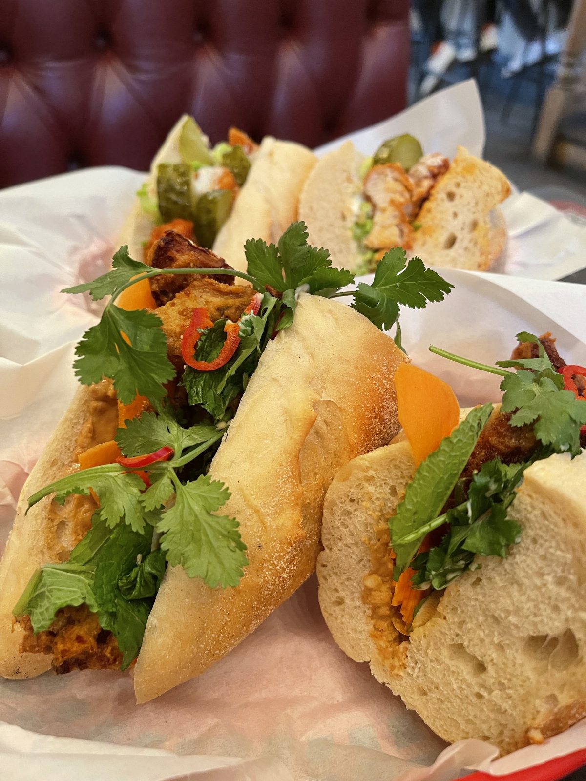 sandwich with Korean Style fried oyster mushrooms and chilli.