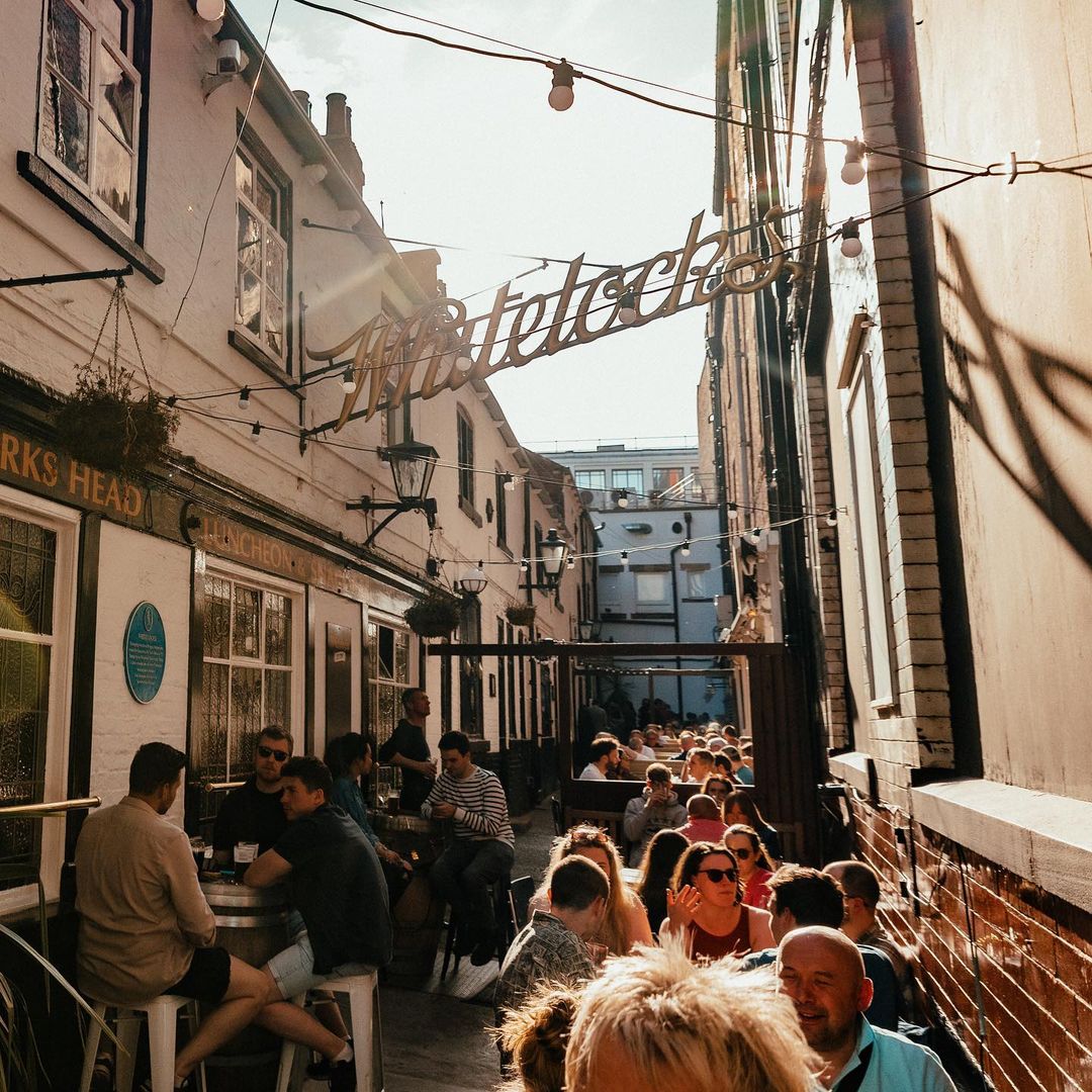 beer garden with tables.