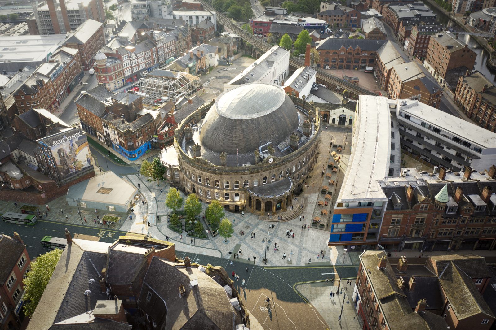 aerial view of Leeds corn exchange and green space.