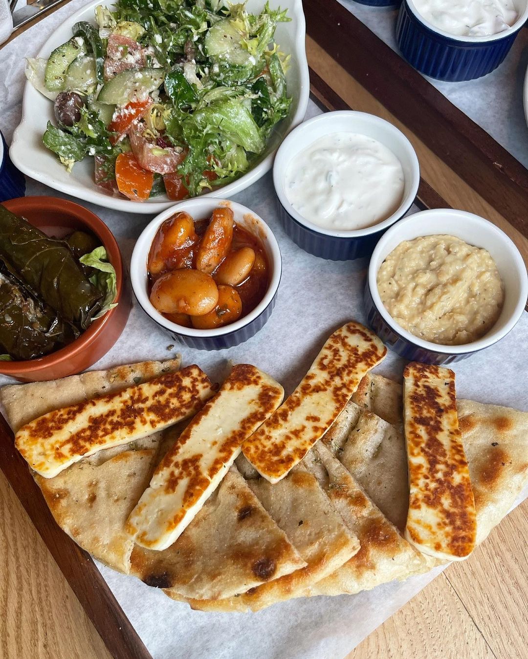 halloumi sticks, hummus and beans.