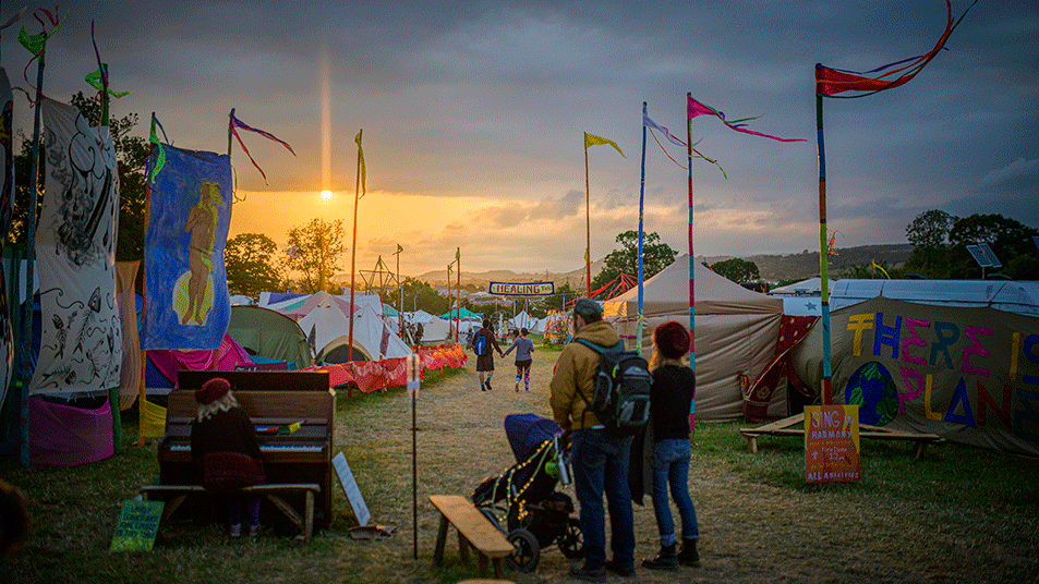 The sunsetting at Glastonbury music festival. 