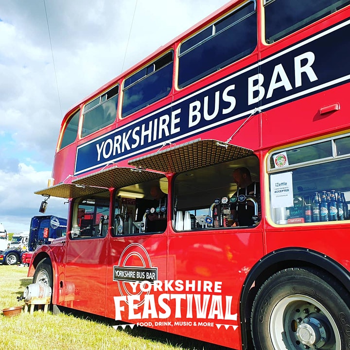 A big red bus serving drinks at the Nidderdale Yorkshire Feastival. 