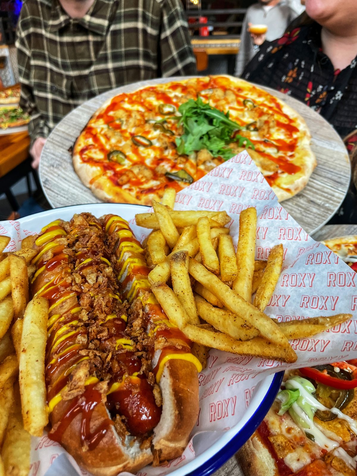 pizza, hot dog and fries.