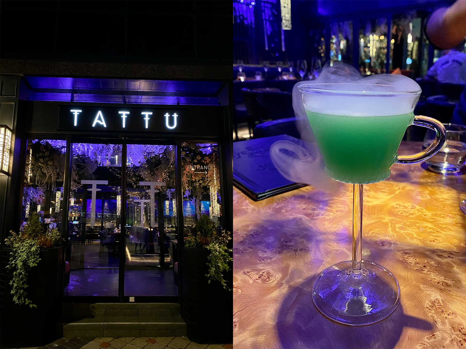 The entrance to Tattu and their new cocktail.
