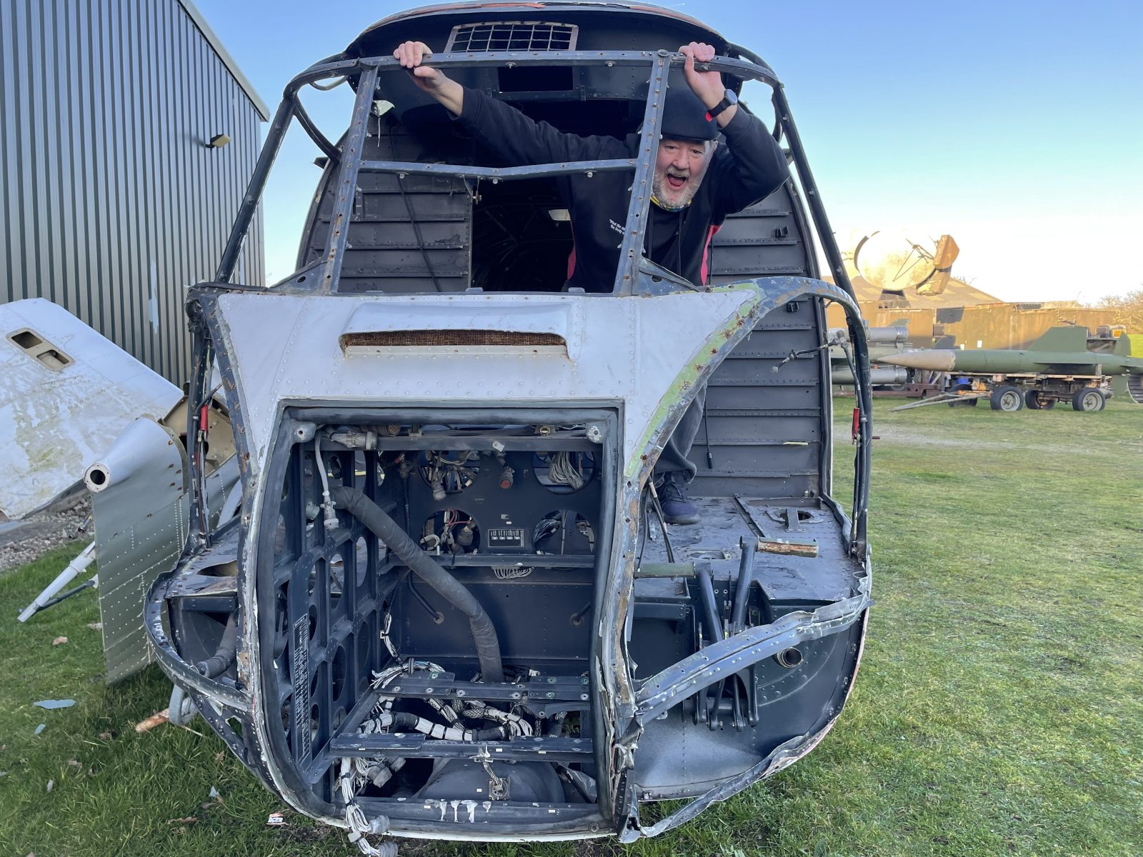 Johnny Vegas inside a re-purposed helicopter. 