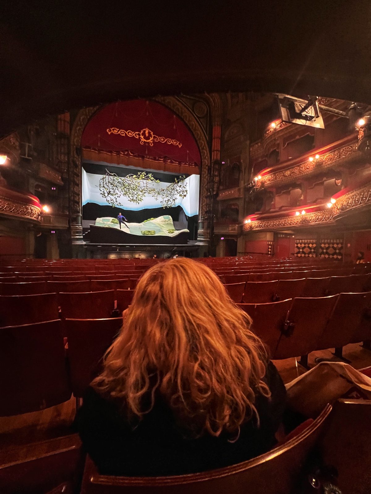 sat in a chair at the theatre.