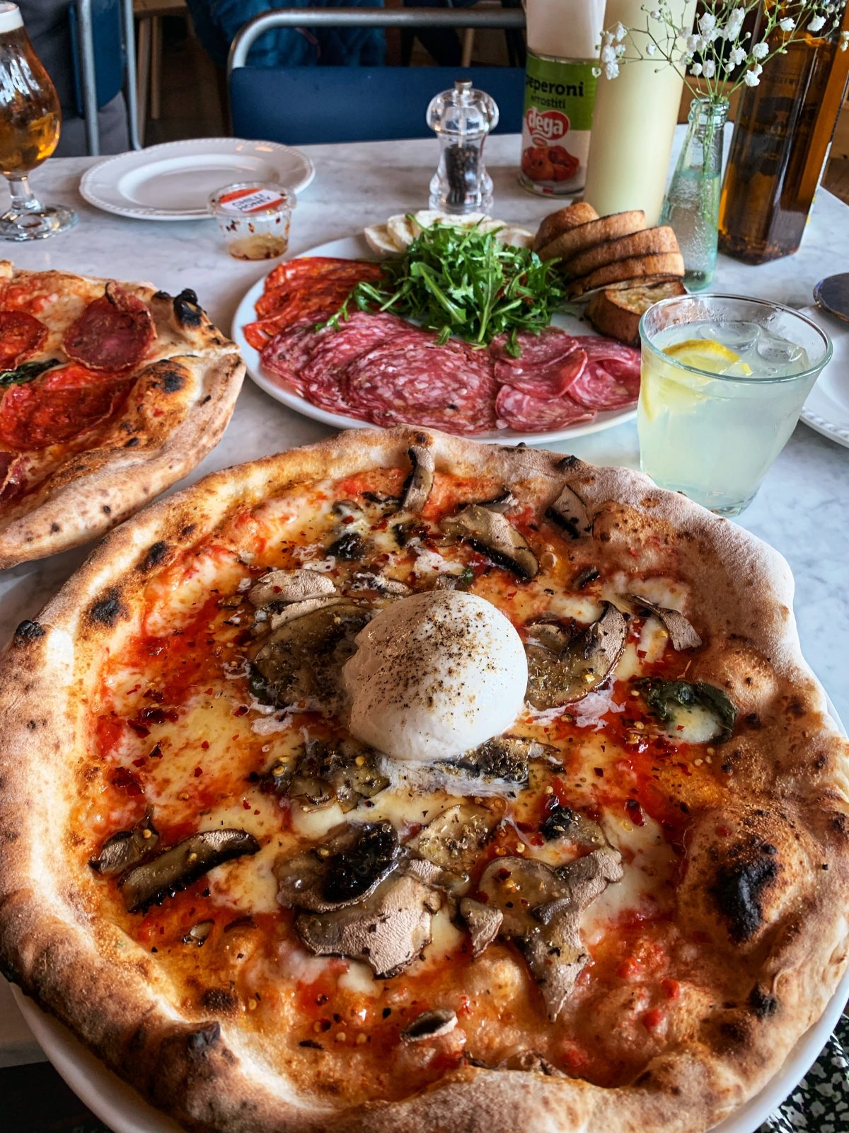 Portobello pizza with chilli honey and a burrata.