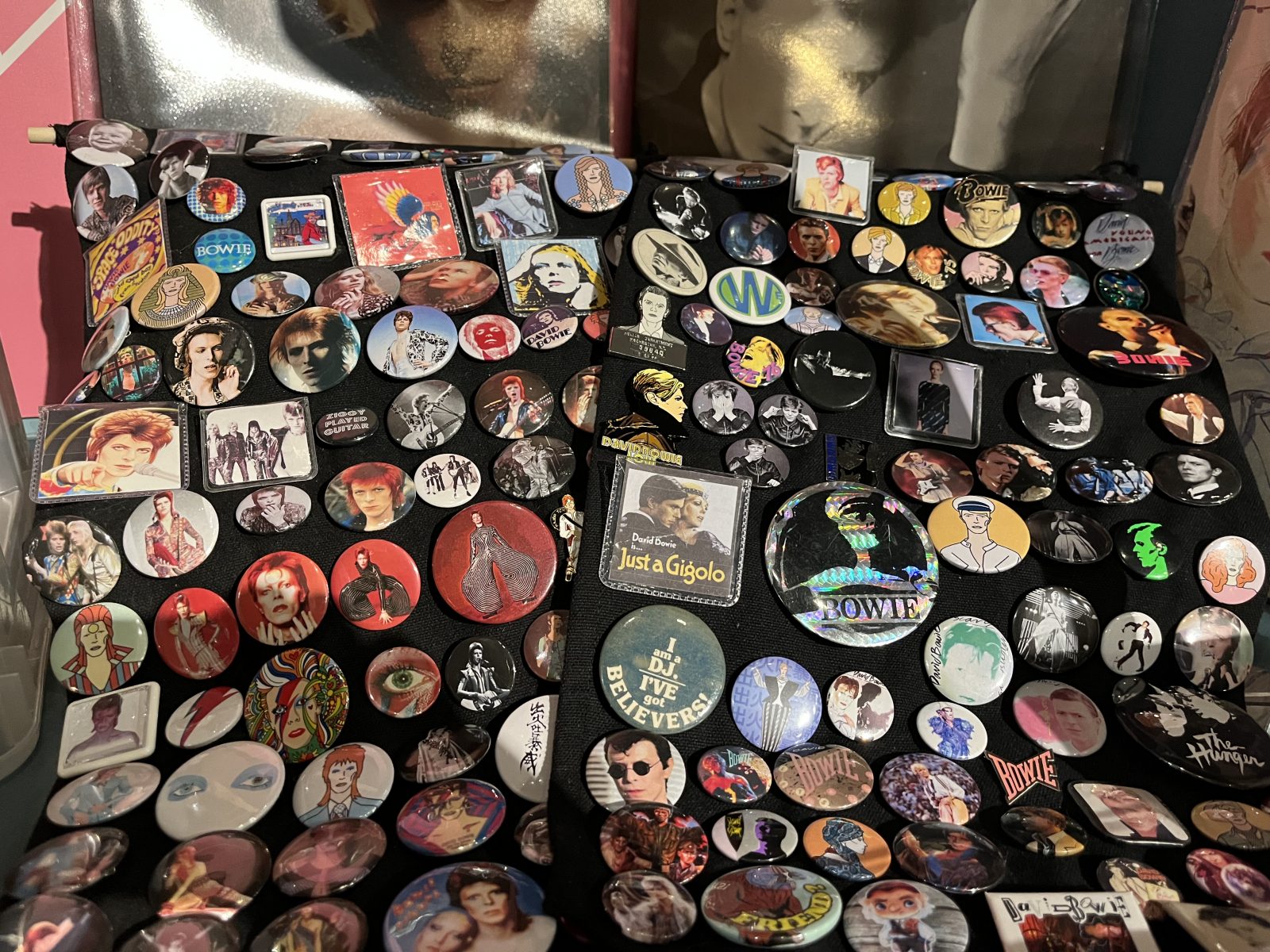 Pin badges from the David Bowie exhibition. 