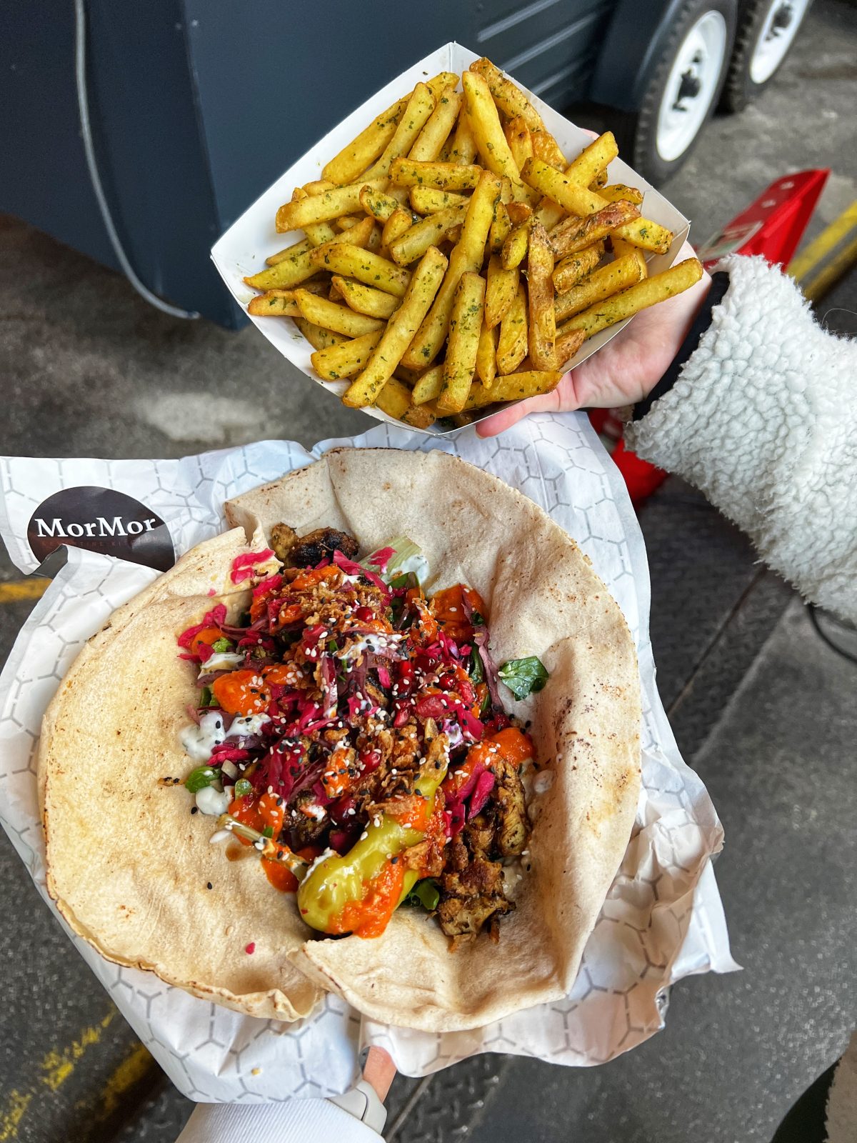 open kebab and chips.