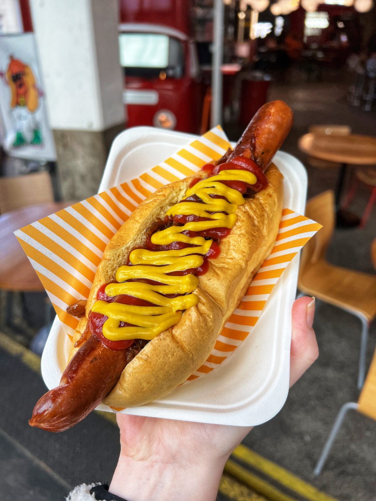 hot dog with mustard.