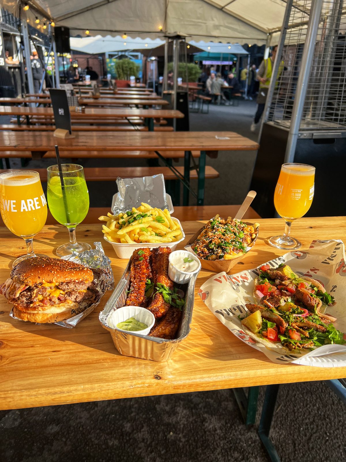 corn ribs, burger and fries.