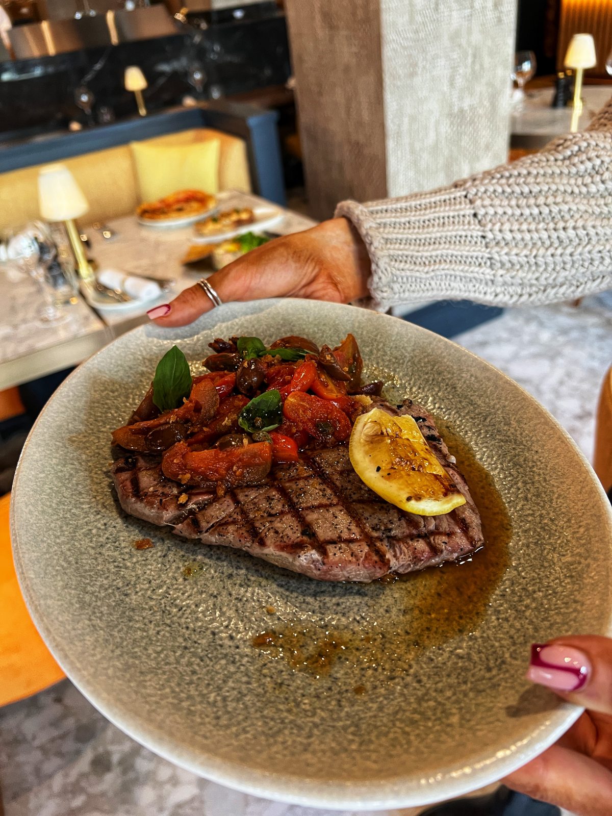 steak on a plate.