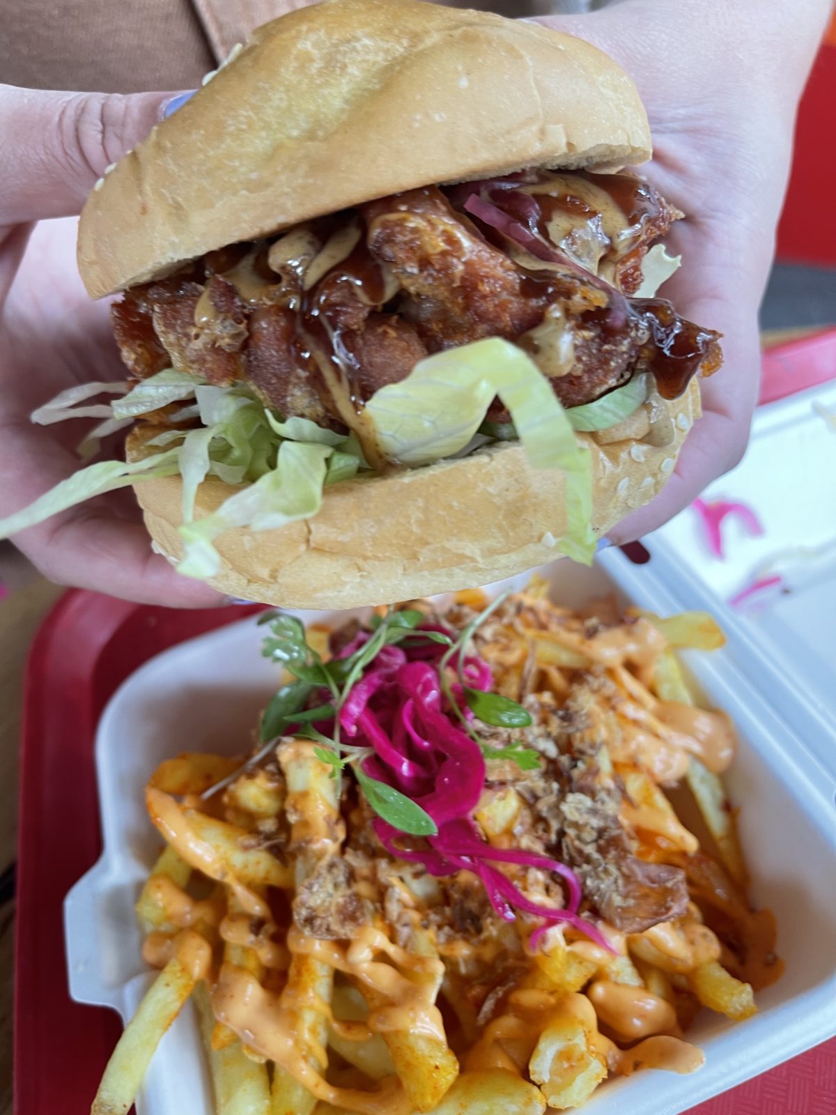 A burger and loaded fries. 