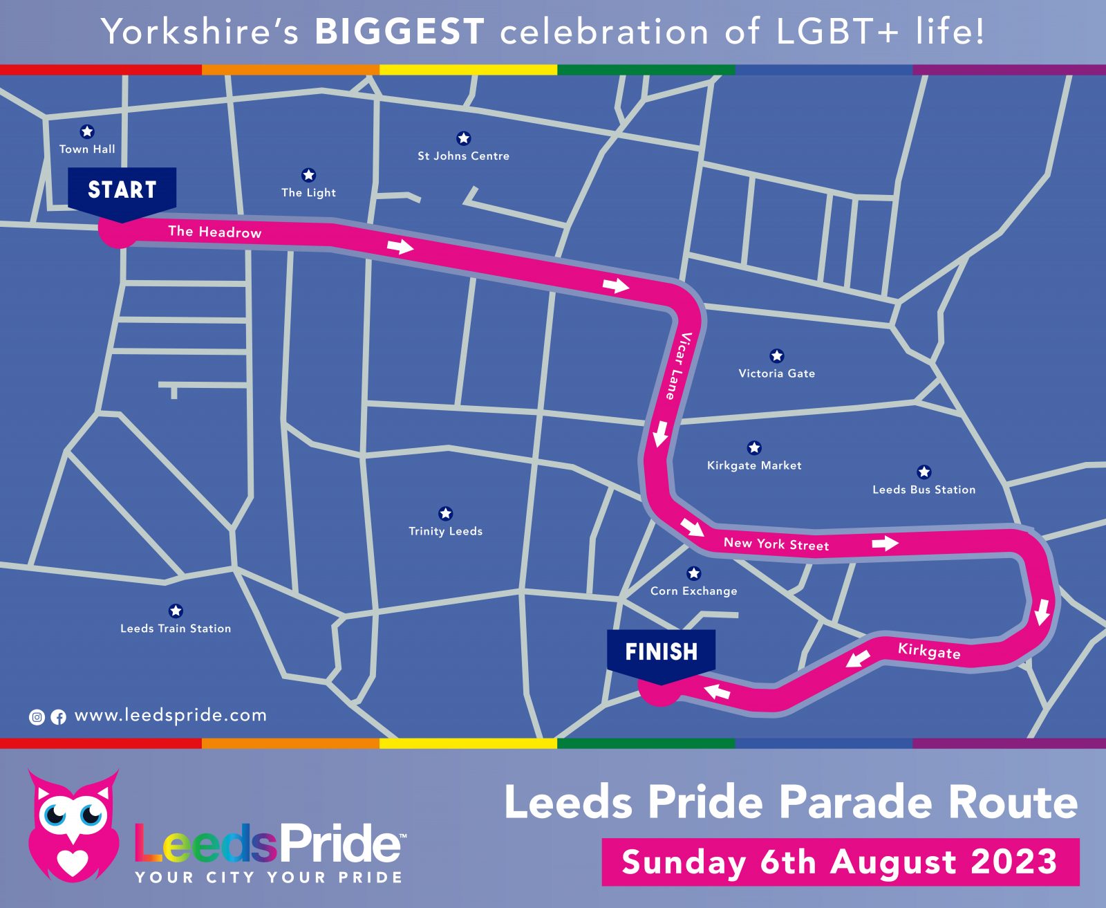 An animated map of Leeds showing the route of the pride parade. 