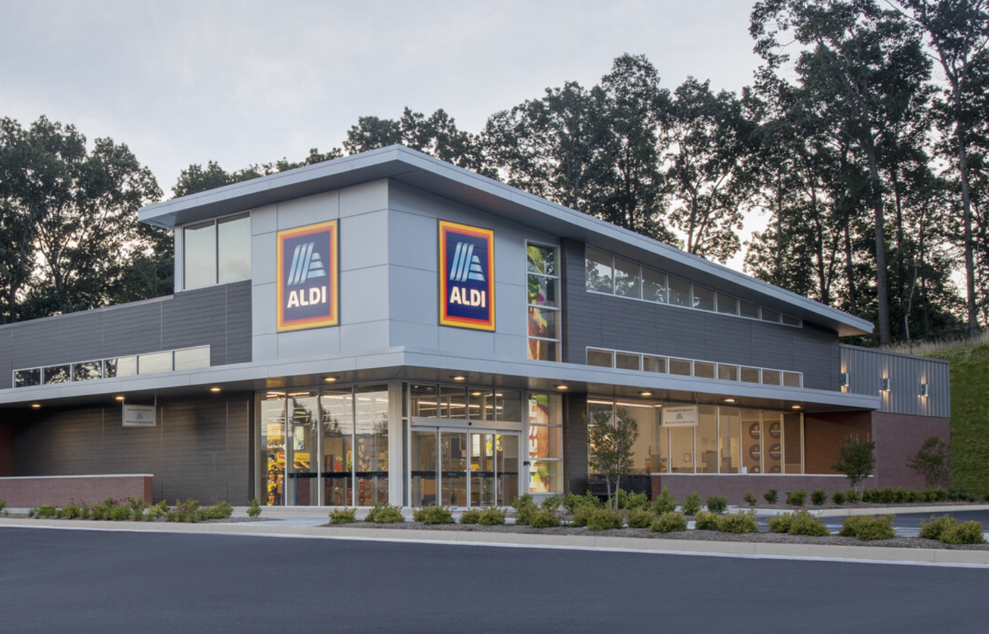 The exterior of an Aldi supermarket in the UK. 