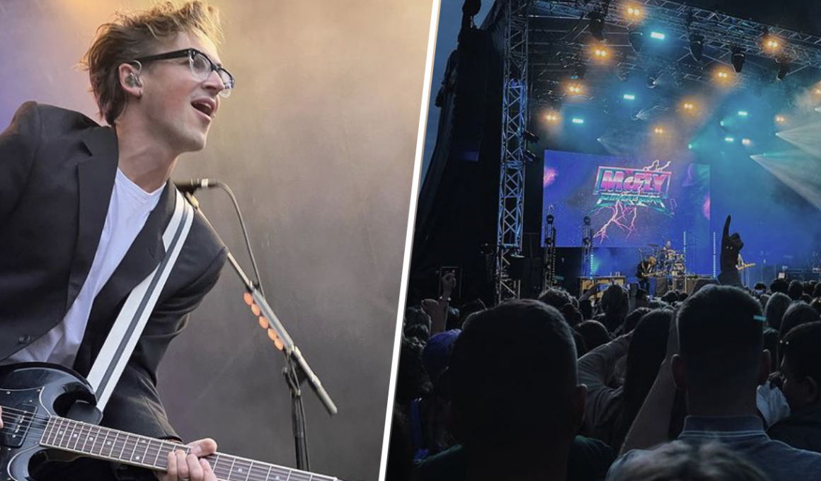 Split picture of Tom Fletcher a blonde boy from band McFly and a stage