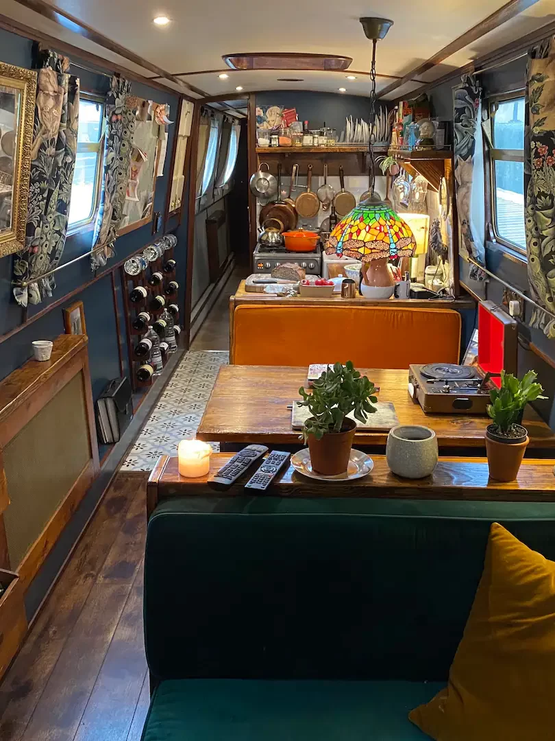 The interior of a canal boat. 
