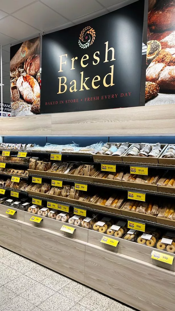 The shelves of a bakery. 