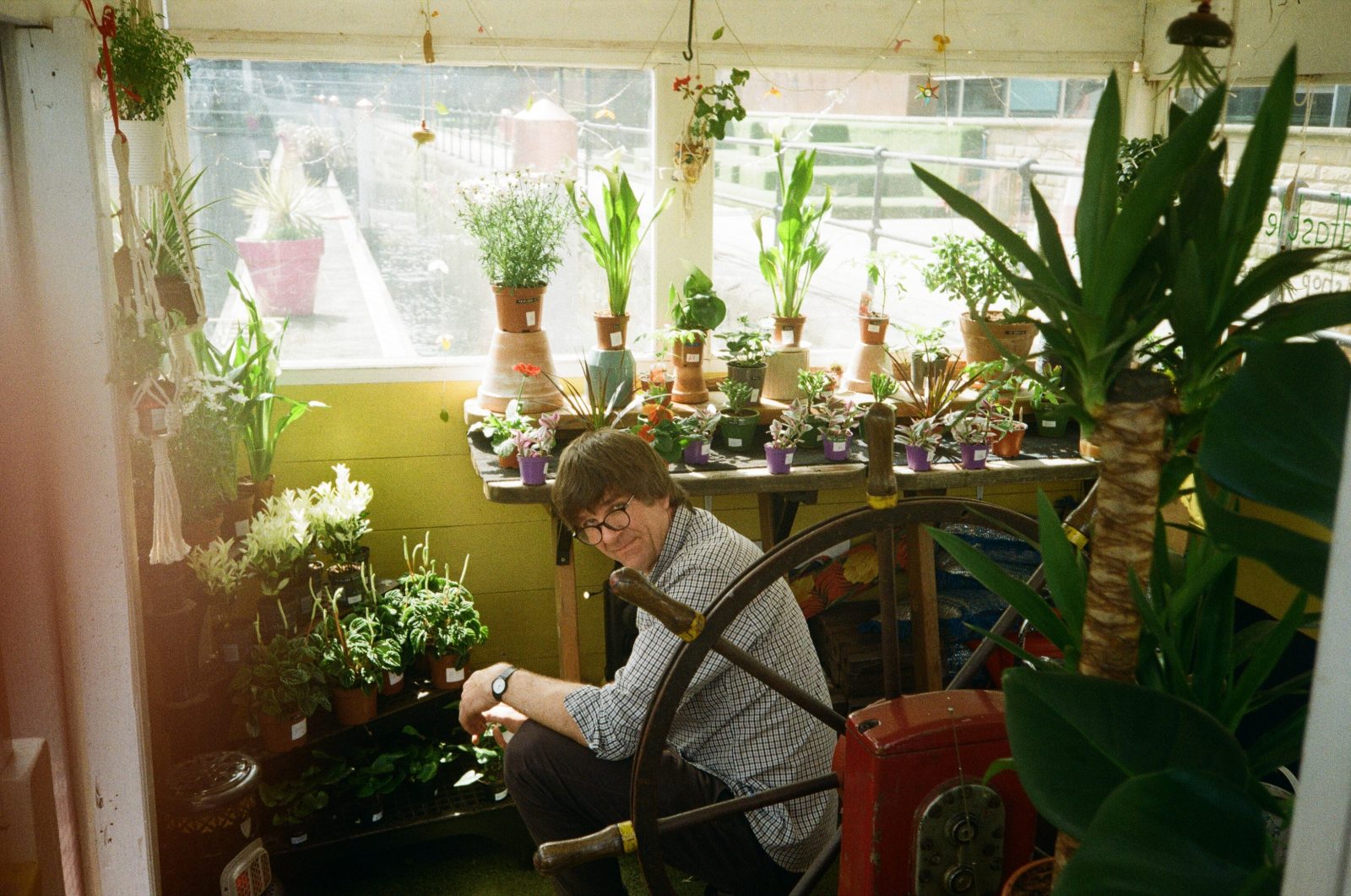 person on a boat surrounded by plants.