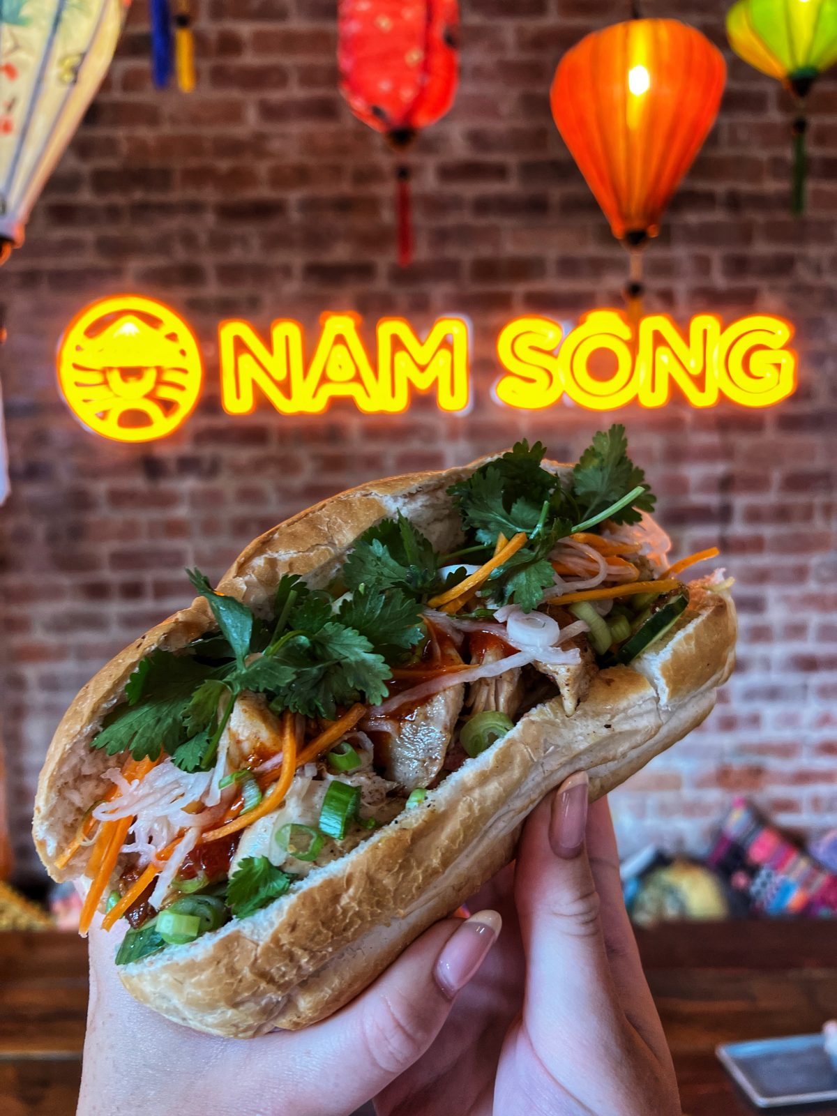 banh mi held up to neon sign that says 'nam song'