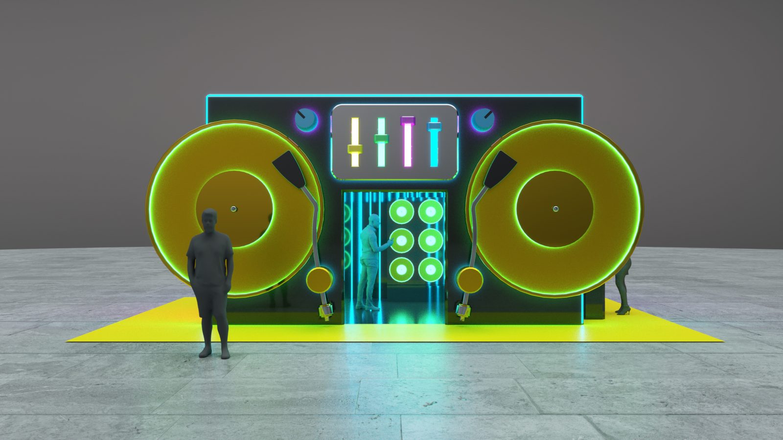 A CGI generated image of a giant DJ booth. 