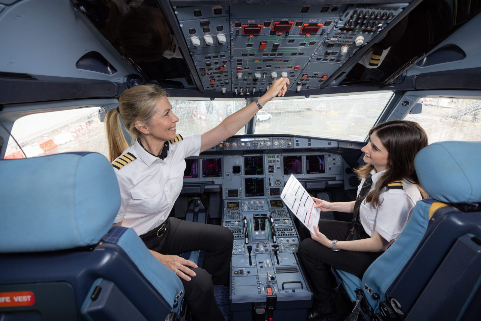 Two pilots in the cockpit of a plane. 