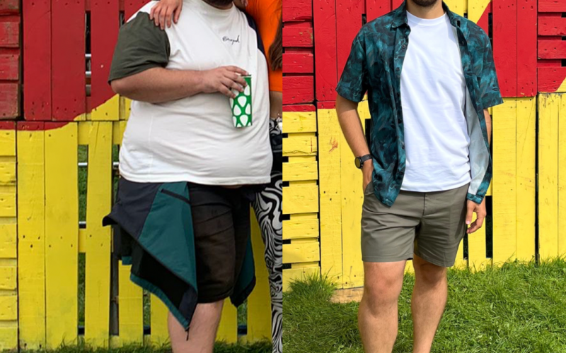 (Left) Aaron Walker at Leeds Festival in 2021 weighing almost 27 stone and (right) in 2023 after huge weight loss