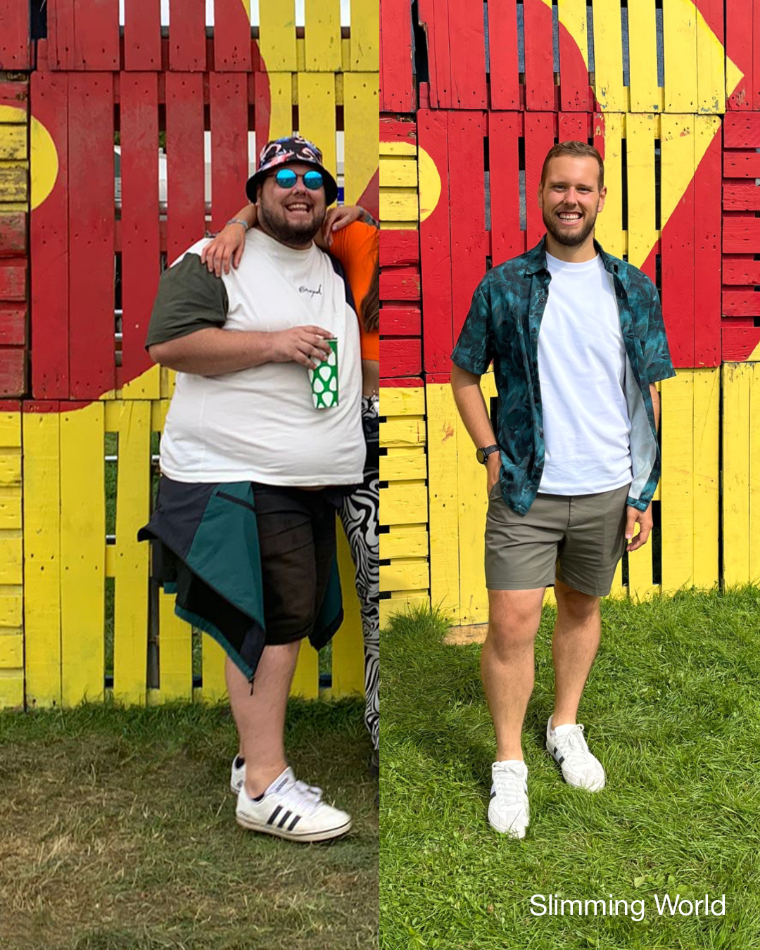 (Left) Aaron Walker at Leeds Festival in 2021 weighing almost 27 stone and (right) in 2023 after huge weight loss