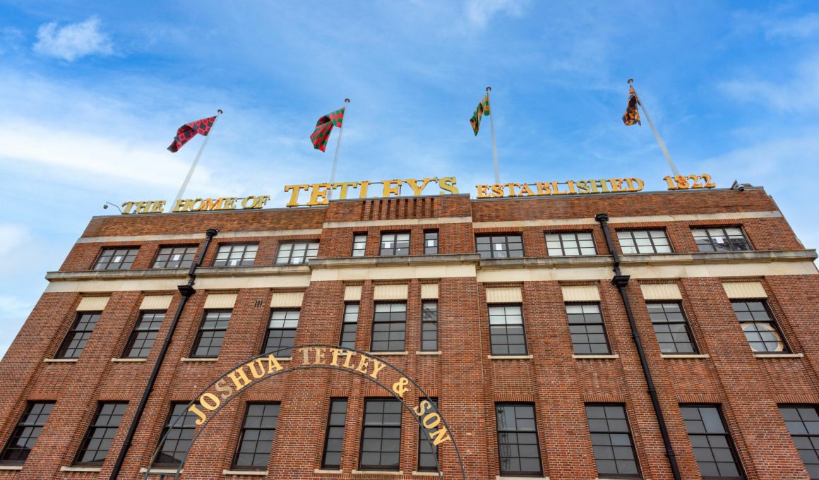 The Tetley building with brickwork and gold sign