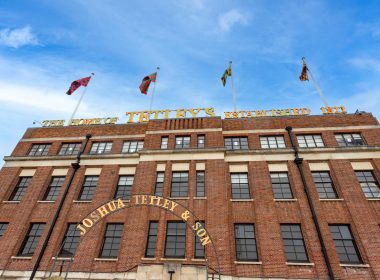 The Tetley building with brickwork and gold sign