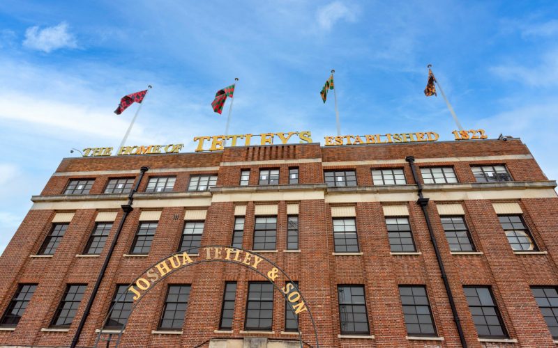 The Tetley building with brickwork and gold sign