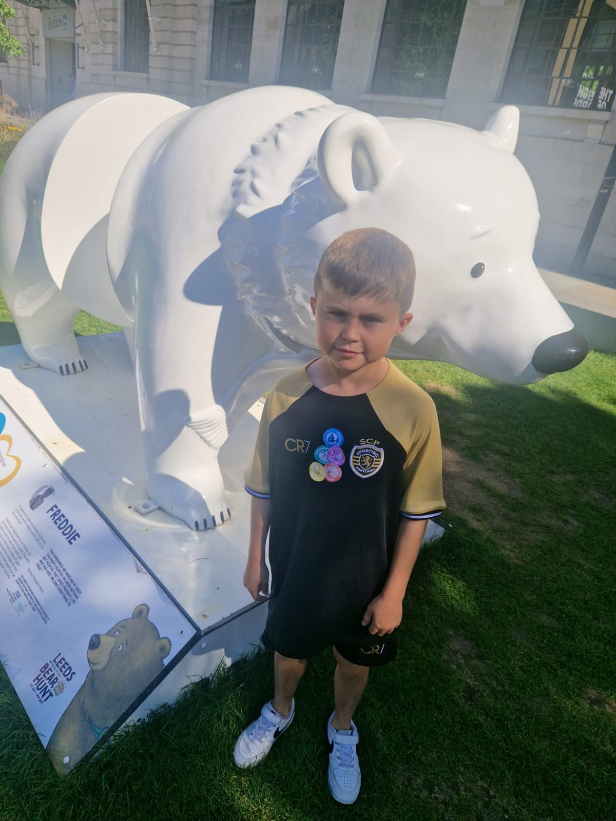 Freddie stood by his bear as part of the Leeds Bear Hunt. 