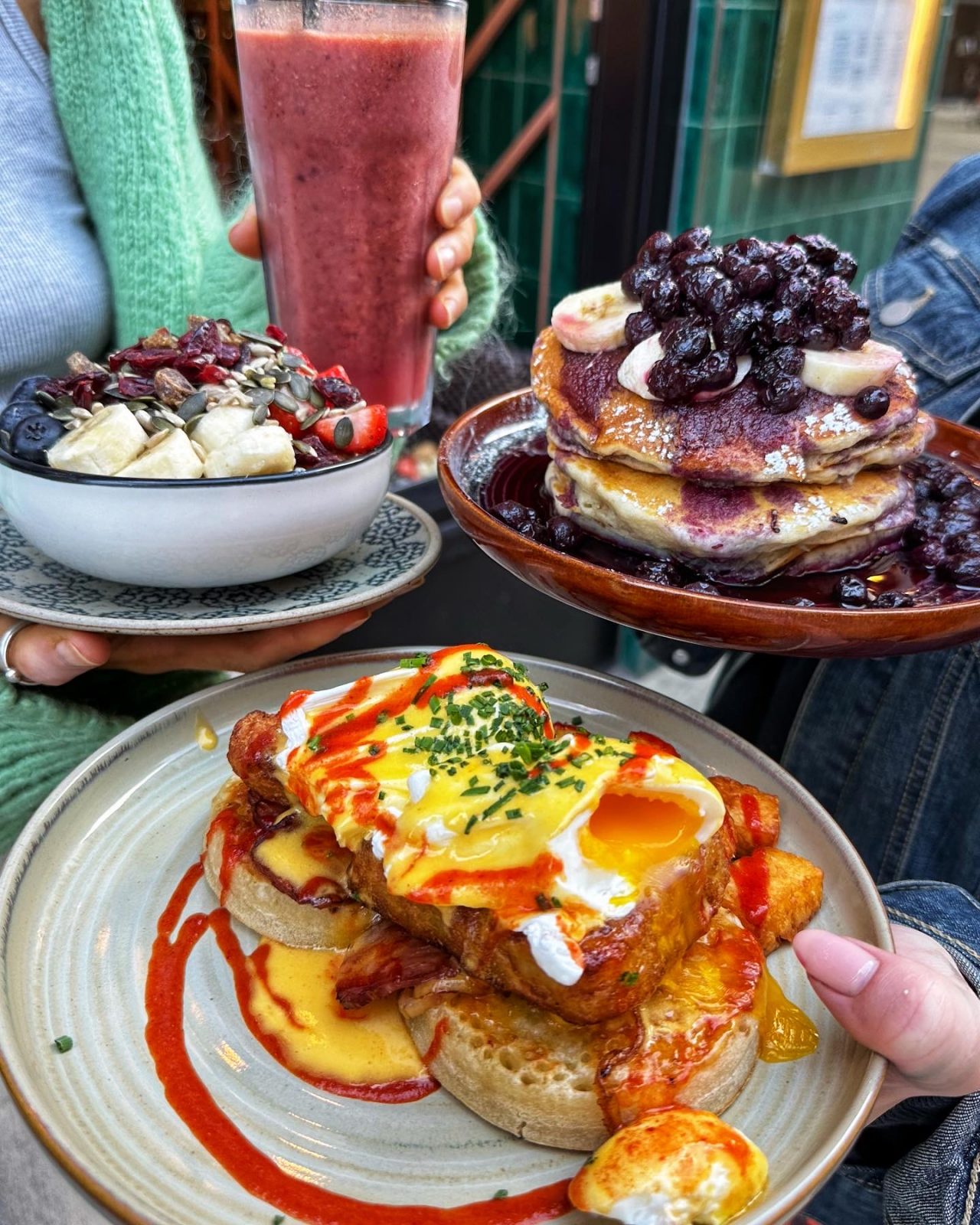 A selection of brunch dishes and a smoothie from Farmhouse. 