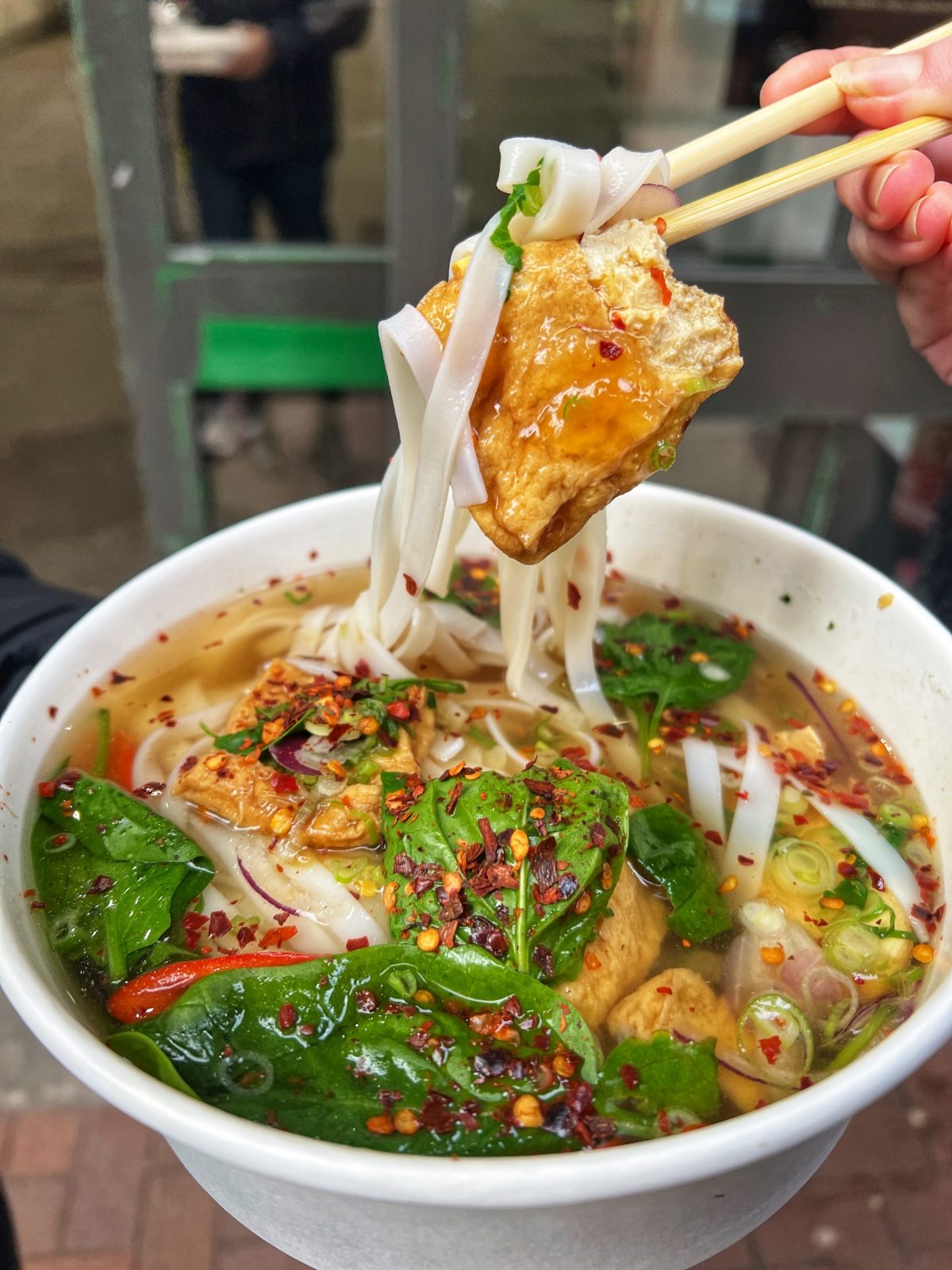 A bowl of noodles with tofu in it. 