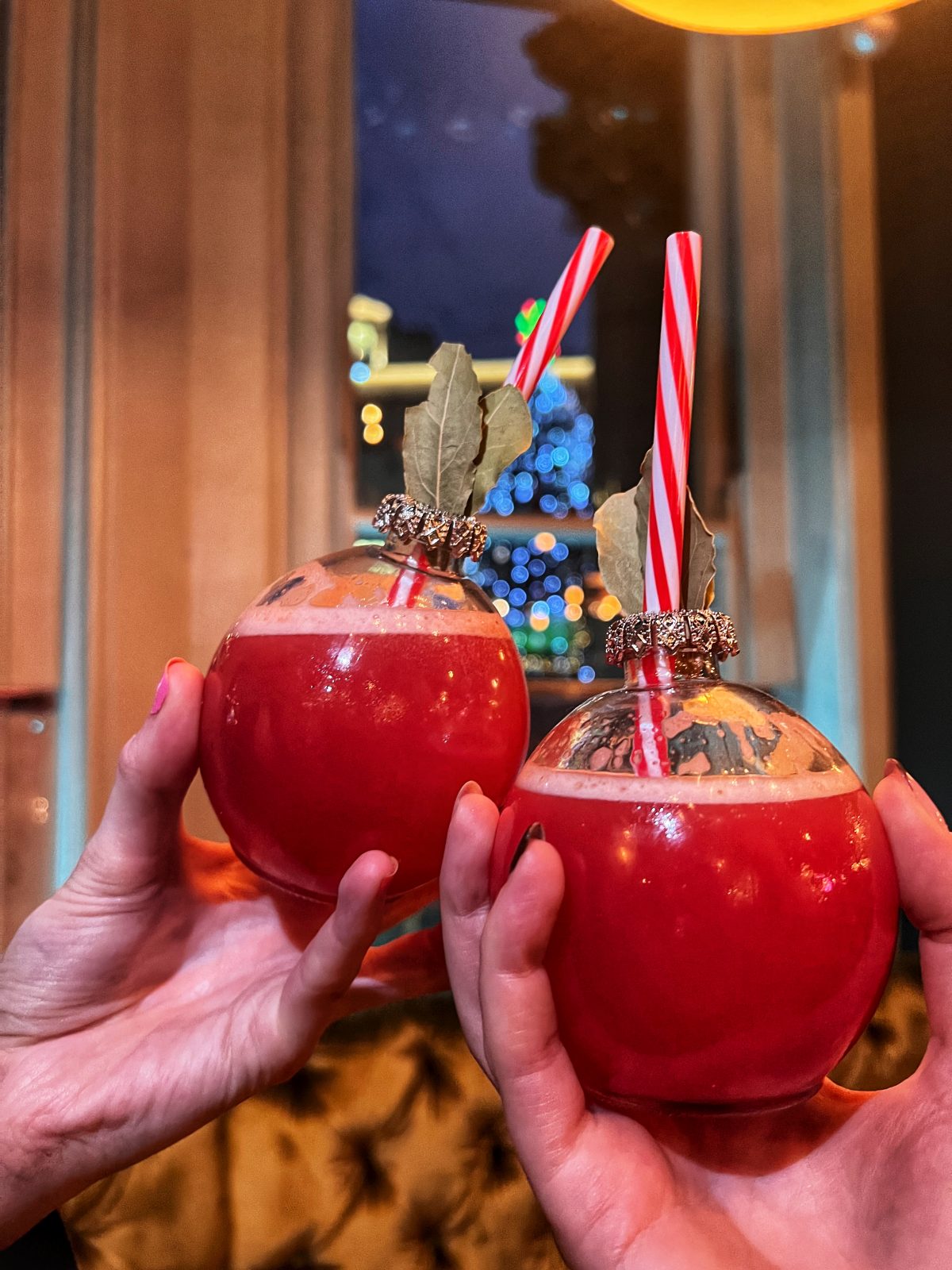 cocktails in bauble-shaped glasses.