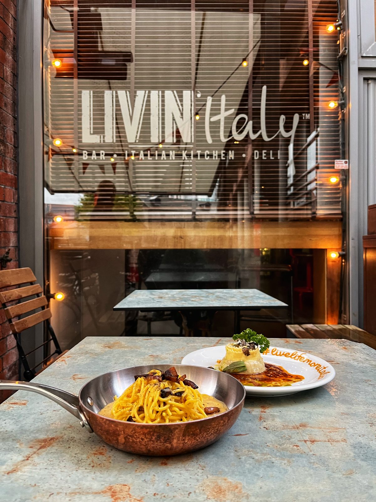 A plate of carbonara pasta and ravioli from Livin Italy in Leeds. 