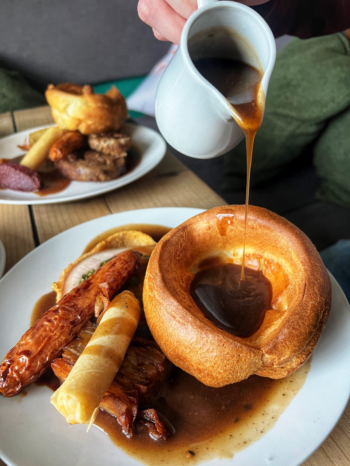 roast dinner with gravy poured over.