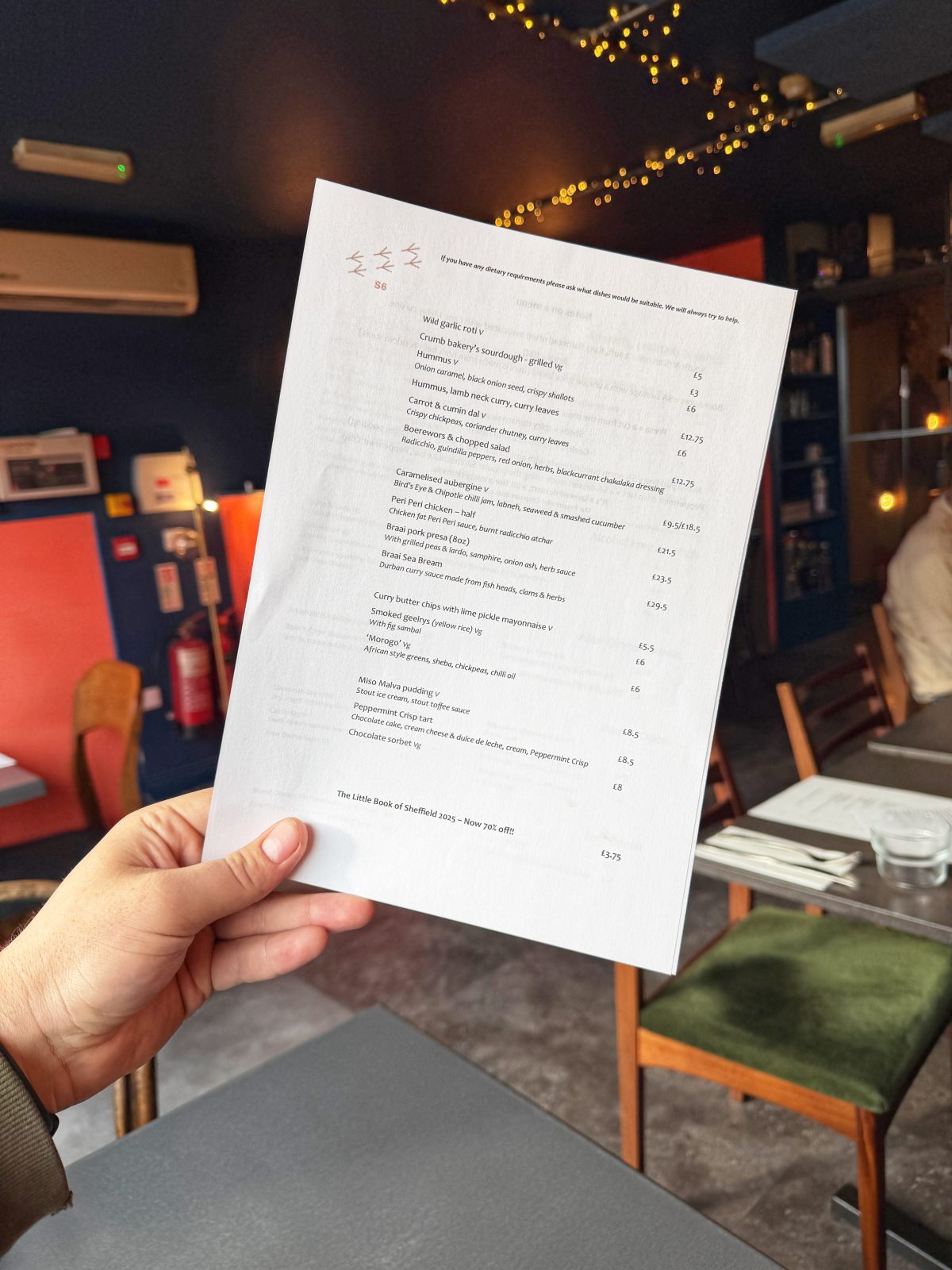 The Orange Bird, Sheffield menu