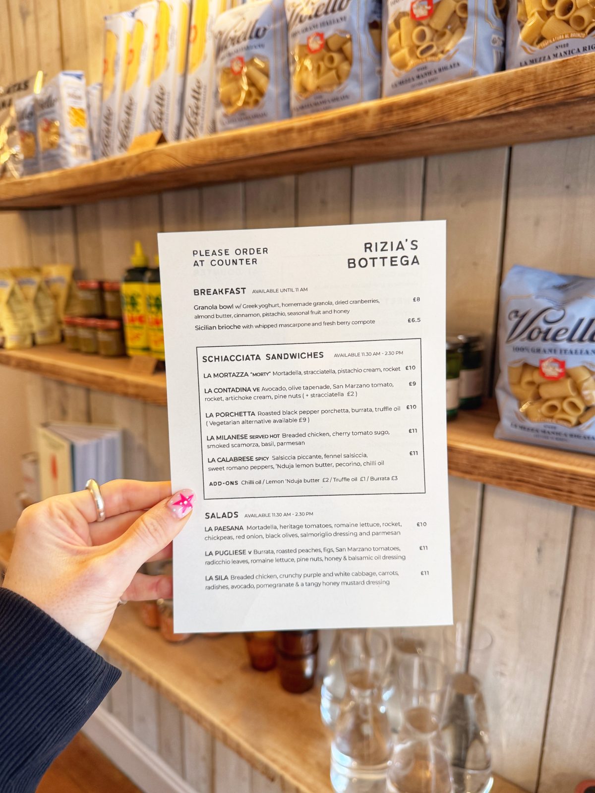 The menu at Rizia’s Bottega